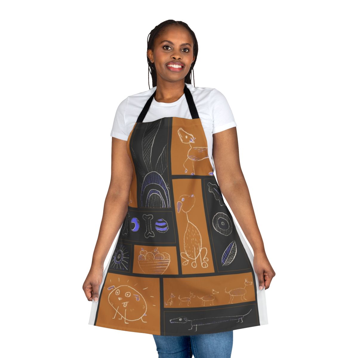 Artistic collage-style sketch of a dog on a high-quality kitchen apron
