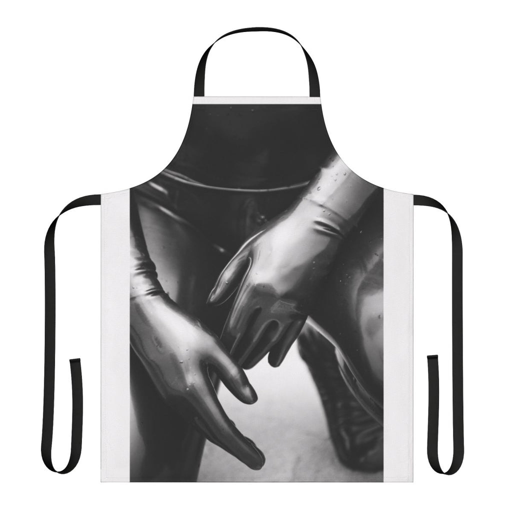Artsy photograph of a person wearing a black and white latex gloves apron with a shallow depth of field.