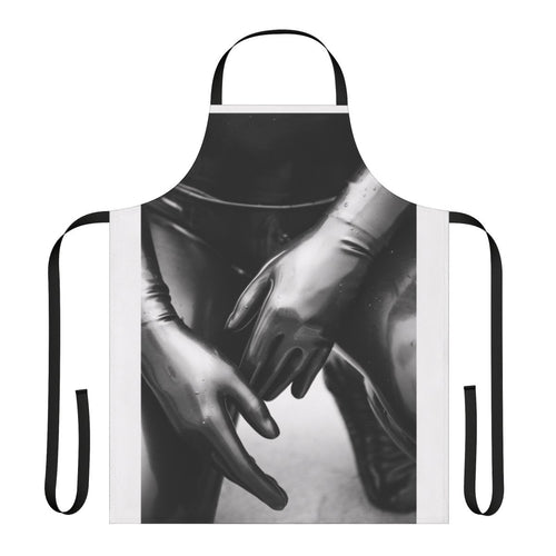 Artsy photograph of a person wearing a black and white latex gloves apron with a shallow depth of field.