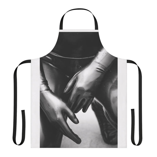 Artsy photograph of a person wearing a black and white latex gloves apron with a shallow depth of field.