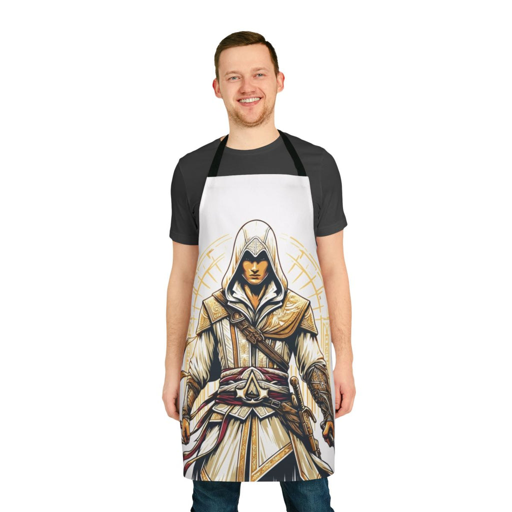 Assassin-inspired apron with bright colors and historical motifs, featuring an illustration of an assassin in action