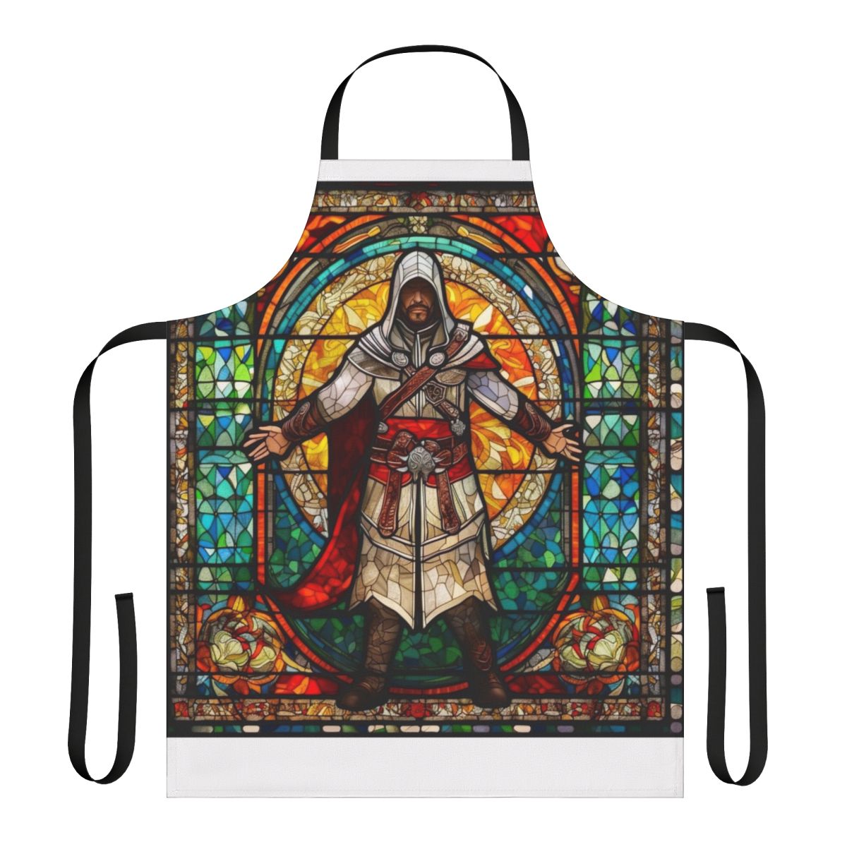 Colorful mosaic-style apron featuring a medieval church window design, perfect for fans of the Assassin's Creed franchise.
