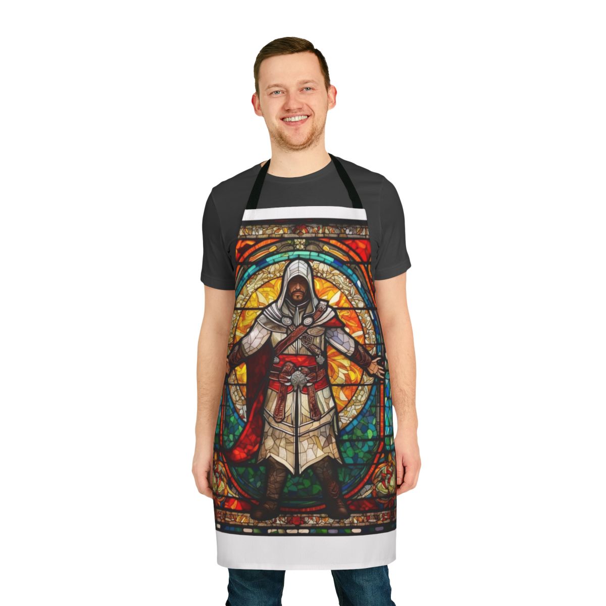 Colorful mosaic-style apron featuring a medieval church window design, perfect for fans of the Assassin's Creed franchise.