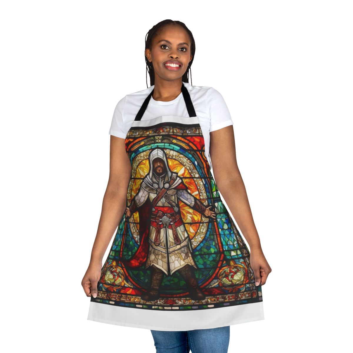 Colorful mosaic-style apron featuring a medieval church window design, perfect for fans of the Assassin's Creed franchise.