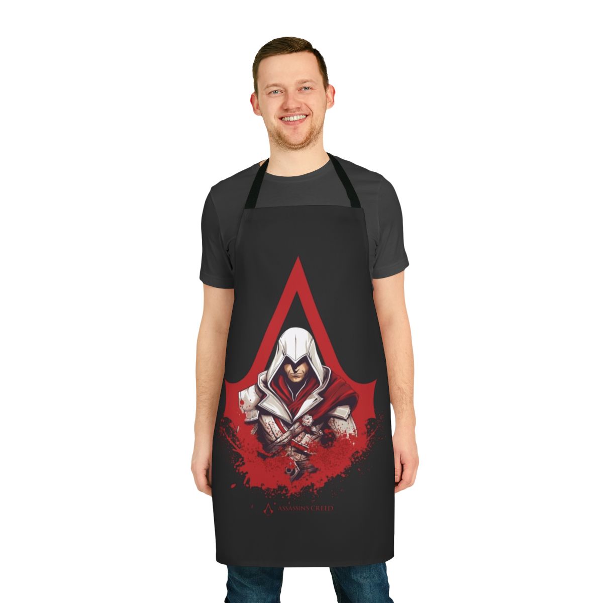 Assassin's Creed inspired apron featuring the game's iconic logo and design elements