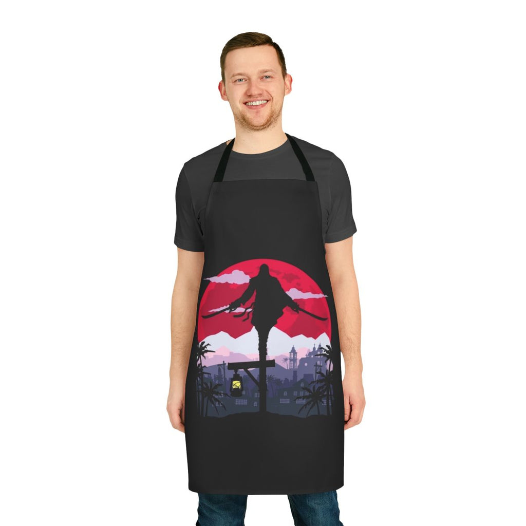 Assassins Creed inspired apron featuring game characters and symbols
