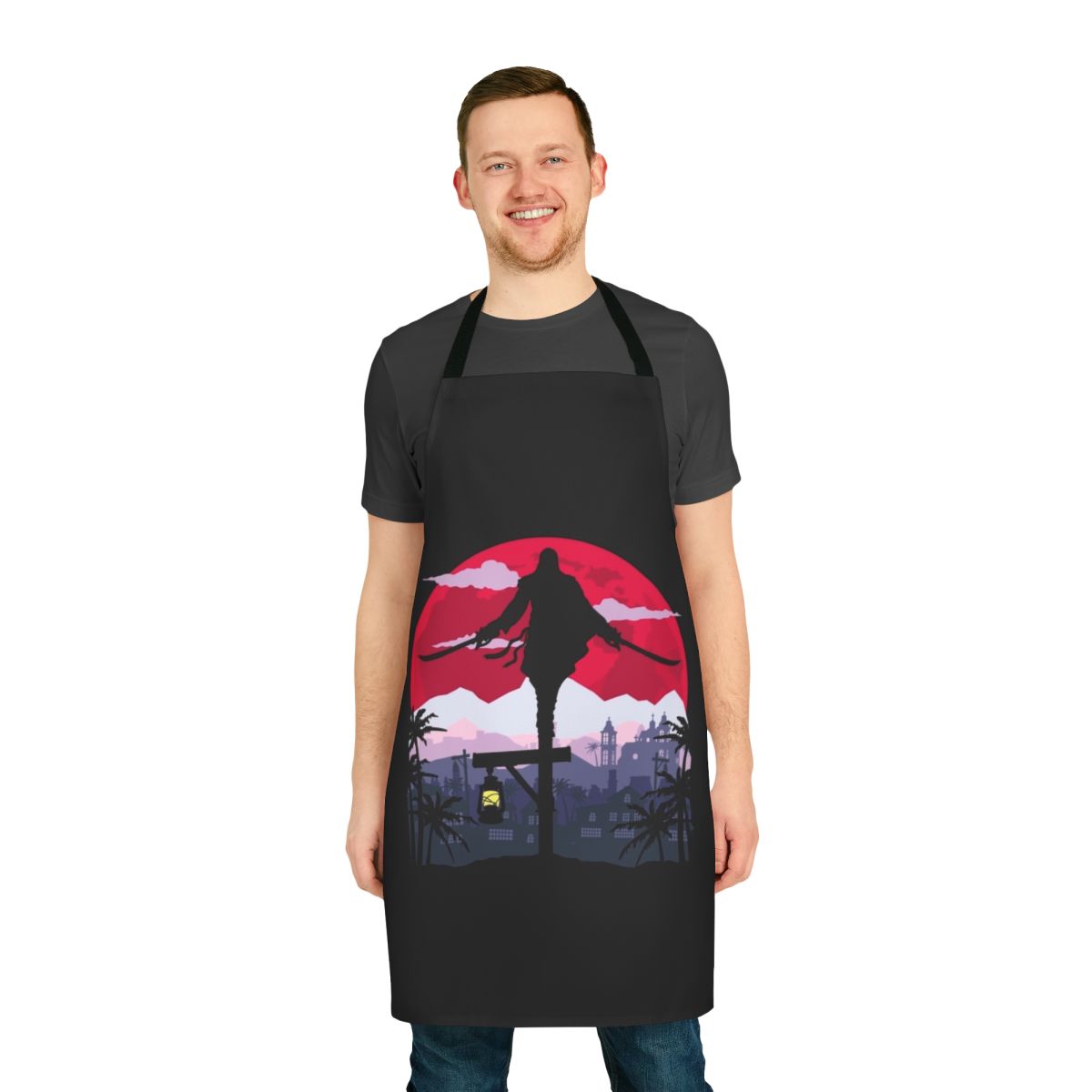 Assassins Creed inspired apron featuring game characters and symbols