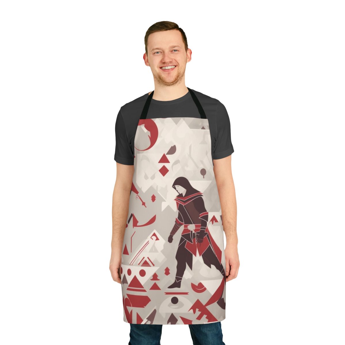 Assassins Creed inspired apron with logo and gaming-themed design for fans of the action adventure franchise.