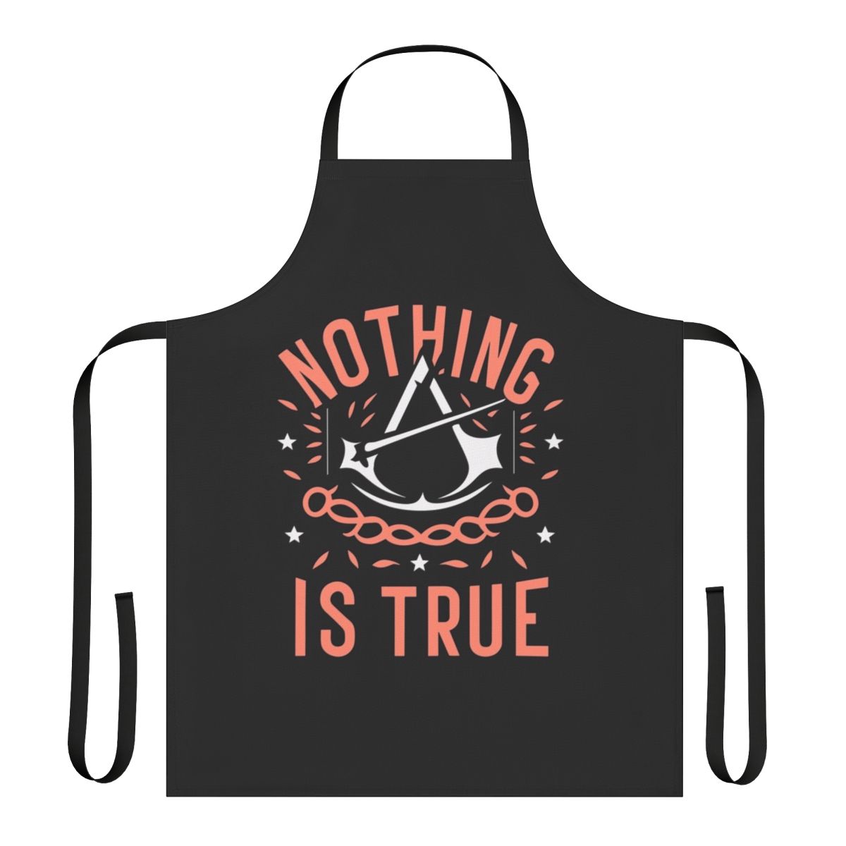 Assassin's Creed inspired apron featuring iconic quotes and artwork from the game, including Ezio Auditore, Altair ibn Laahad, and Cassandra.