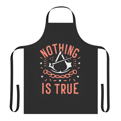 Assassin's Creed inspired apron featuring iconic quotes and artwork from the game, including Ezio Auditore, Altair ibn Laahad, and Cassandra.