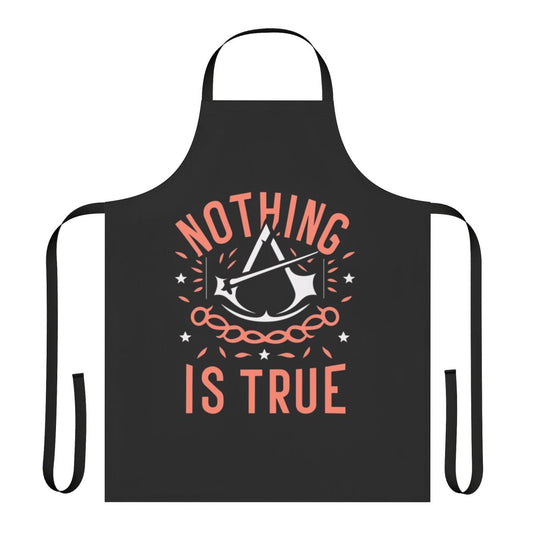 Assassin's Creed inspired apron featuring iconic quotes and artwork from the game, including Ezio Auditore, Altair ibn Laahad, and Cassandra.
