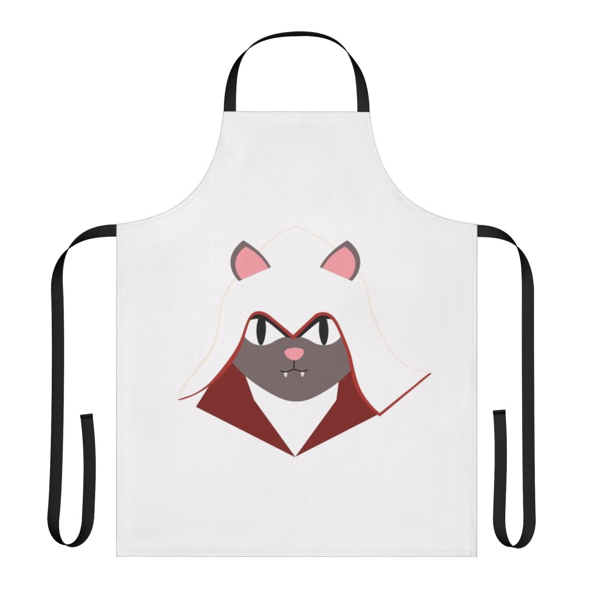Grey cat wearing an Assassins Creed inspired apron with the Ezio symbol