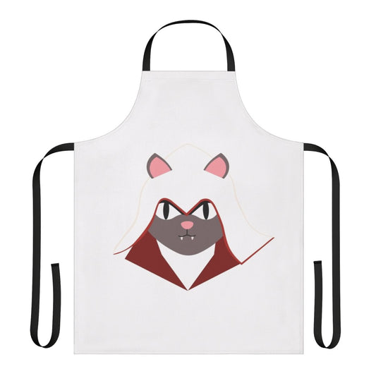 Grey cat wearing an Assassins Creed inspired apron with the Ezio symbol