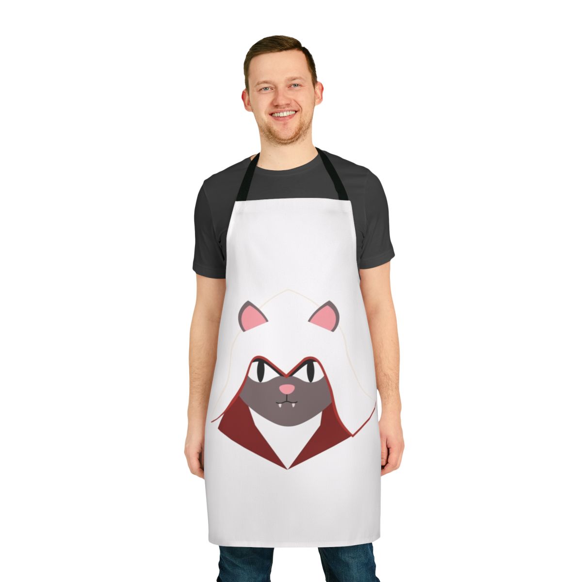Grey cat wearing an Assassins Creed inspired apron with the Ezio symbol