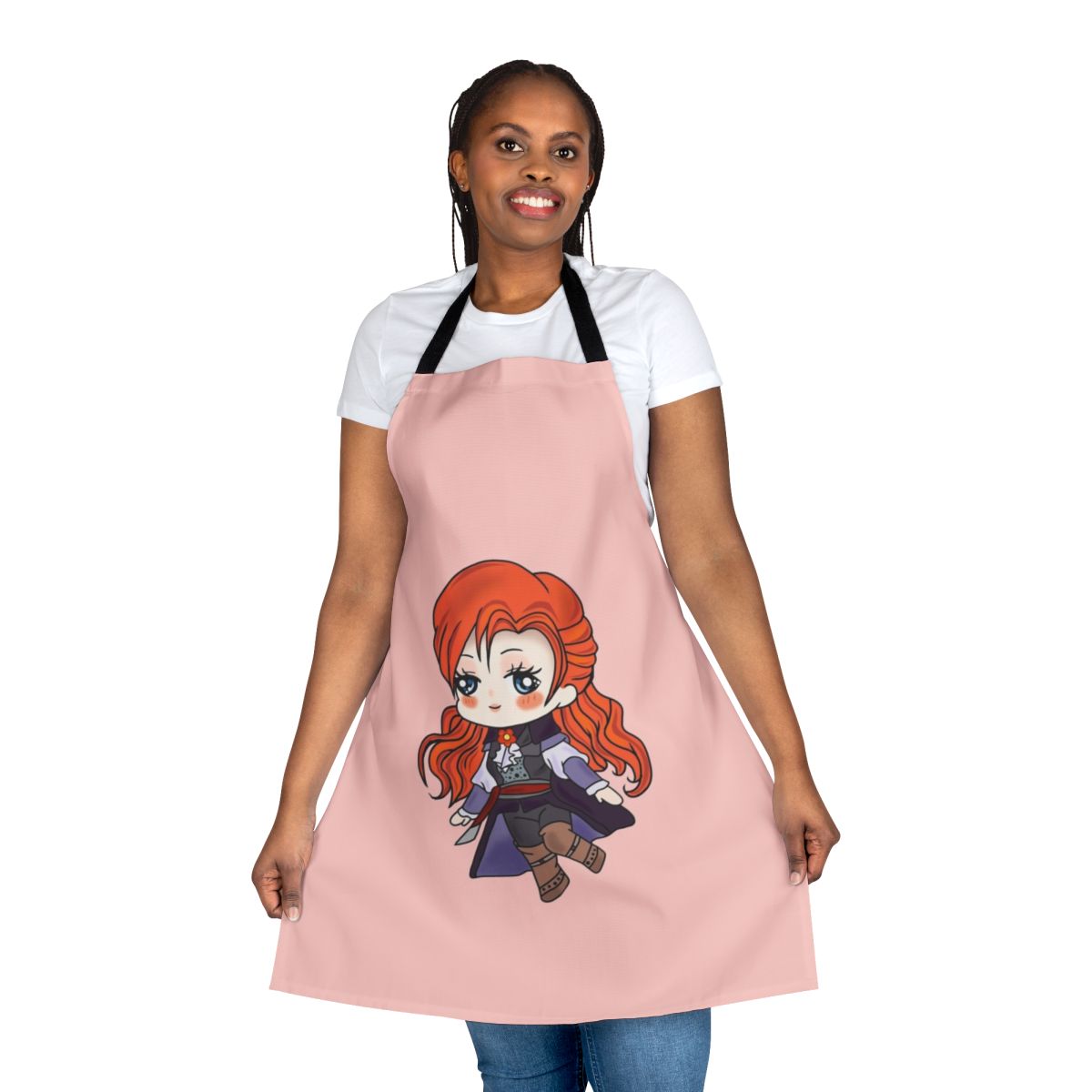 Assassins Creed inspired chibi fan art design of character Elise de la Serre printed on an apron
