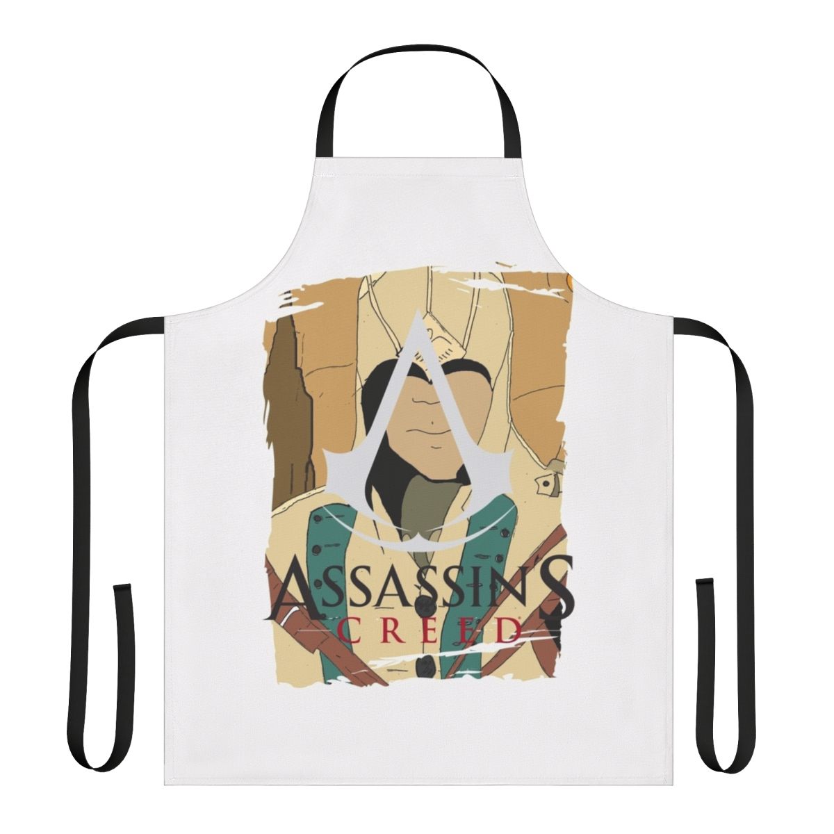 Assassins Creed-themed apron with game logo and character design