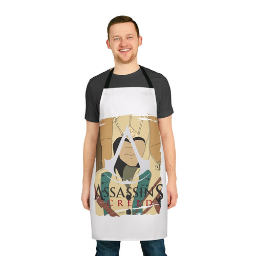 Assassins Creed-themed apron with game logo and character design