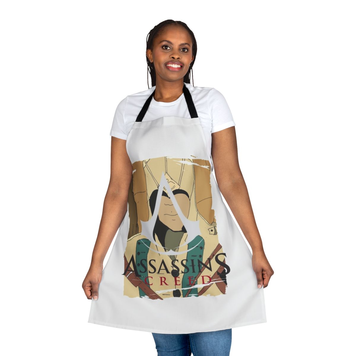 Assassins Creed-themed apron with game logo and character design