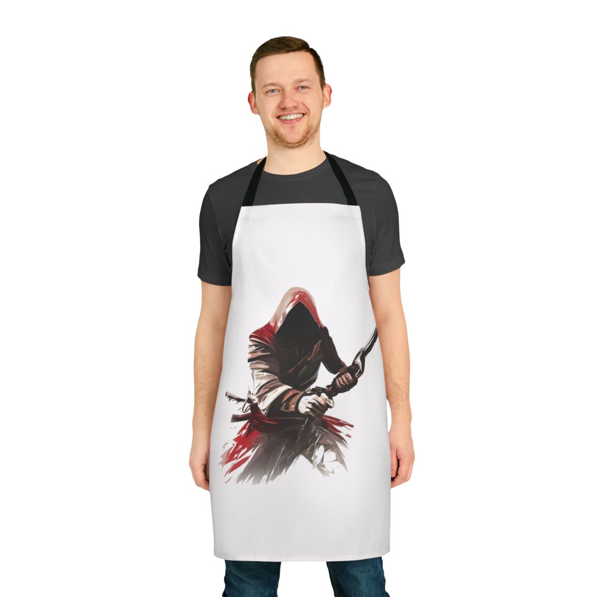 Assassin's Creed themed apron featuring iconic characters and symbols