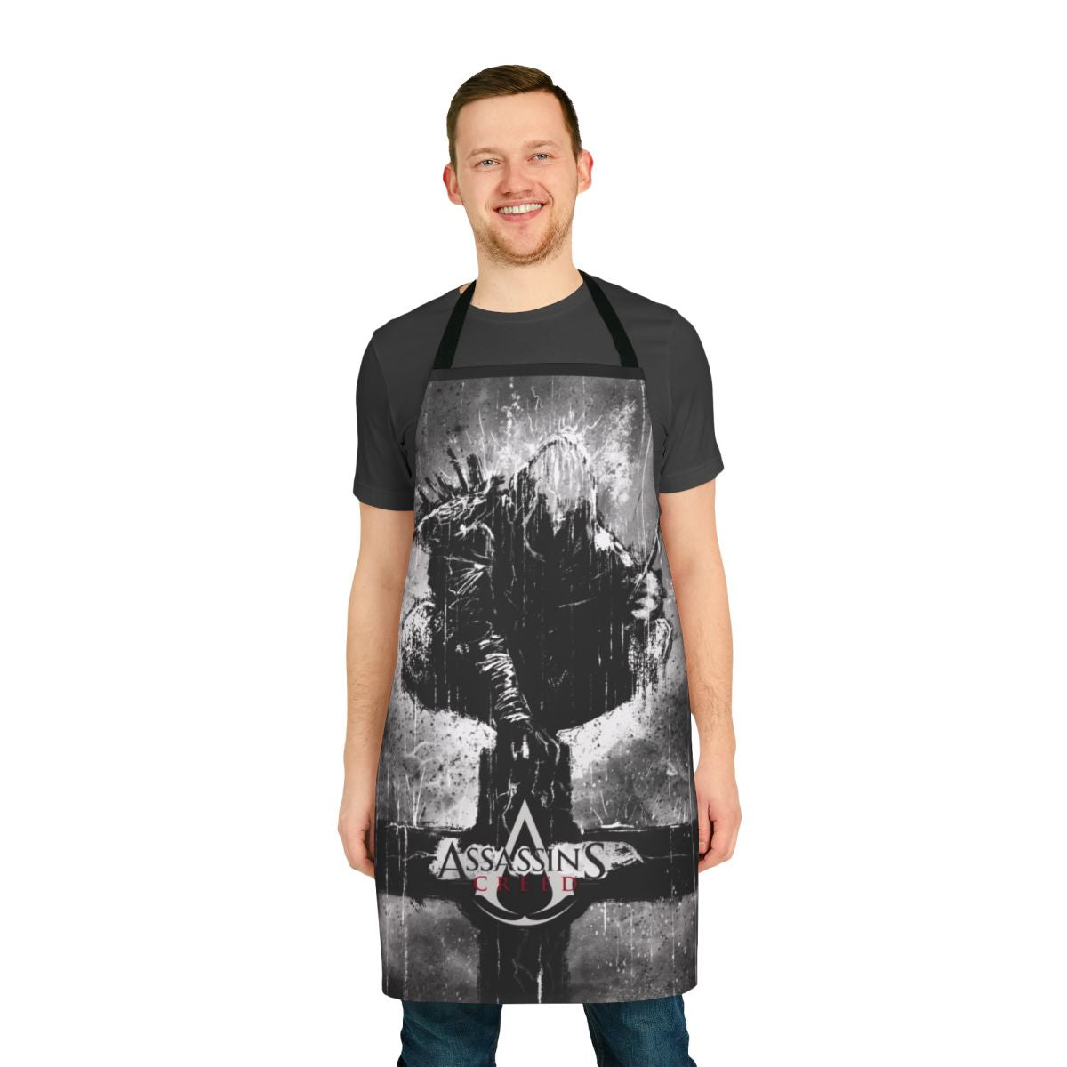 Assassins Creed inspired apron with a cross design and gaming elements