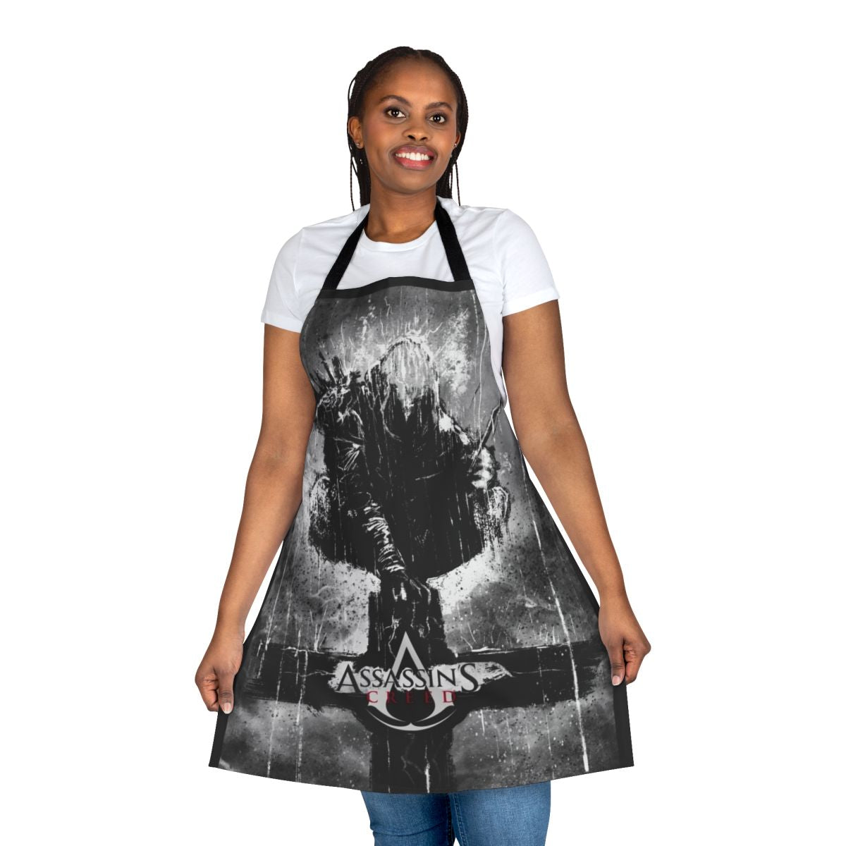 Assassins Creed inspired apron with a cross design and gaming elements