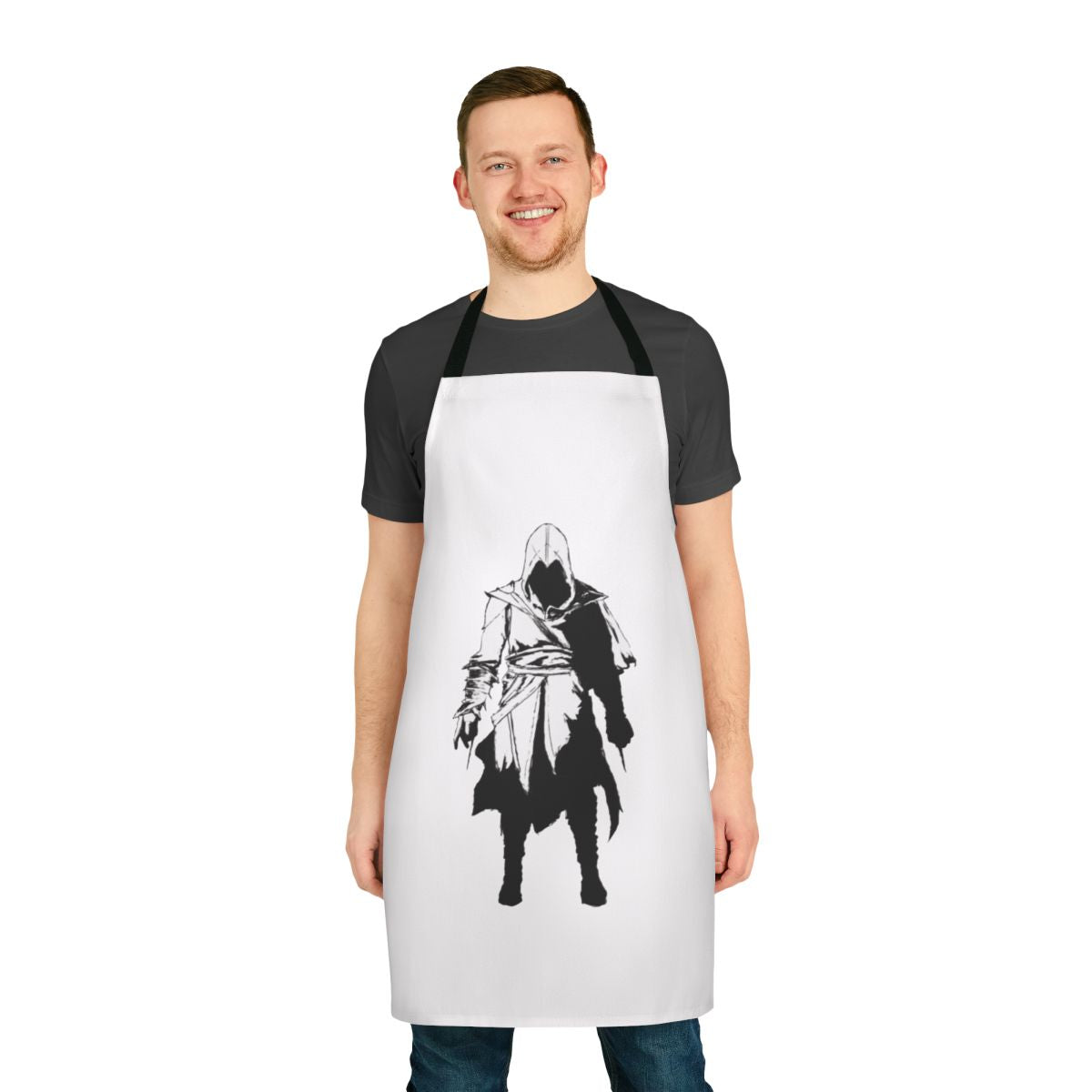 Assassin's Creed inspired dark-themed apron with dagger and rooftop design