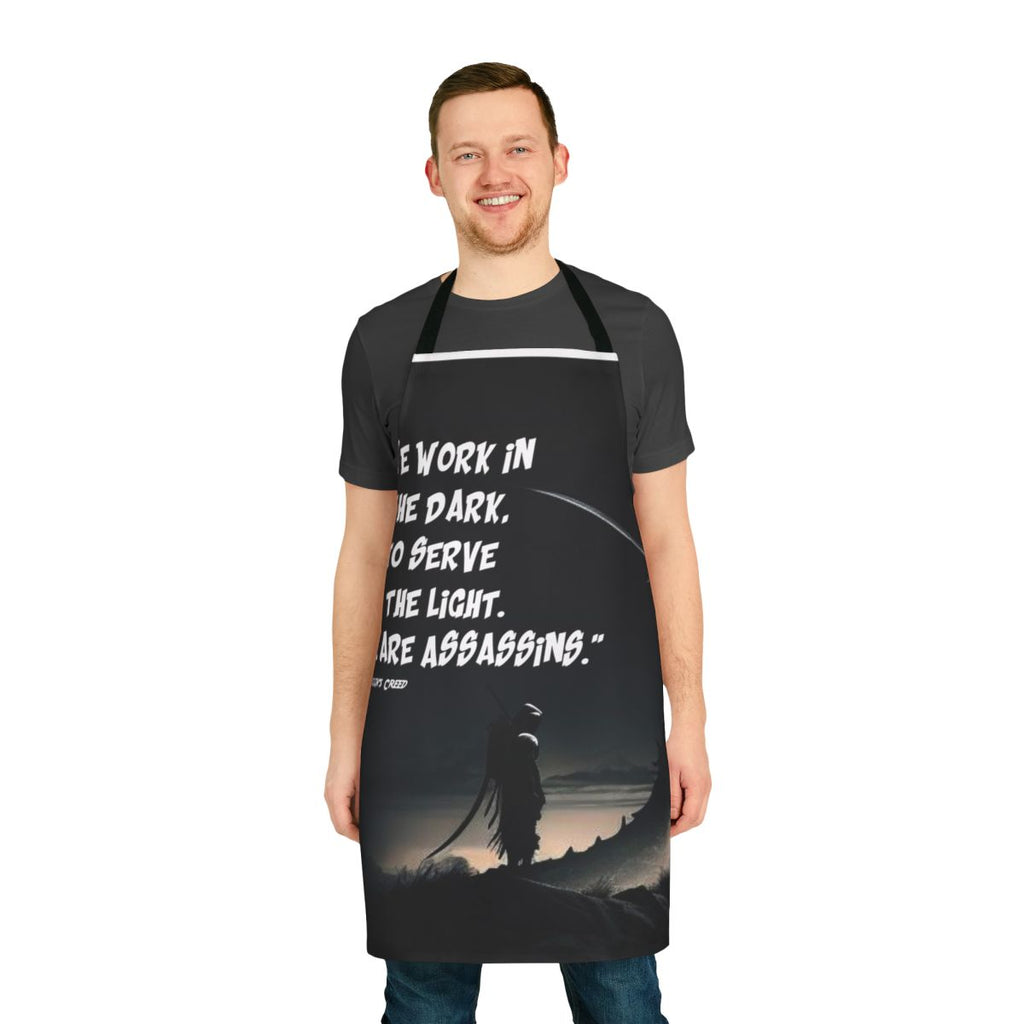 Assassins Creed inspired black and white kitchen apron with inspirational quote