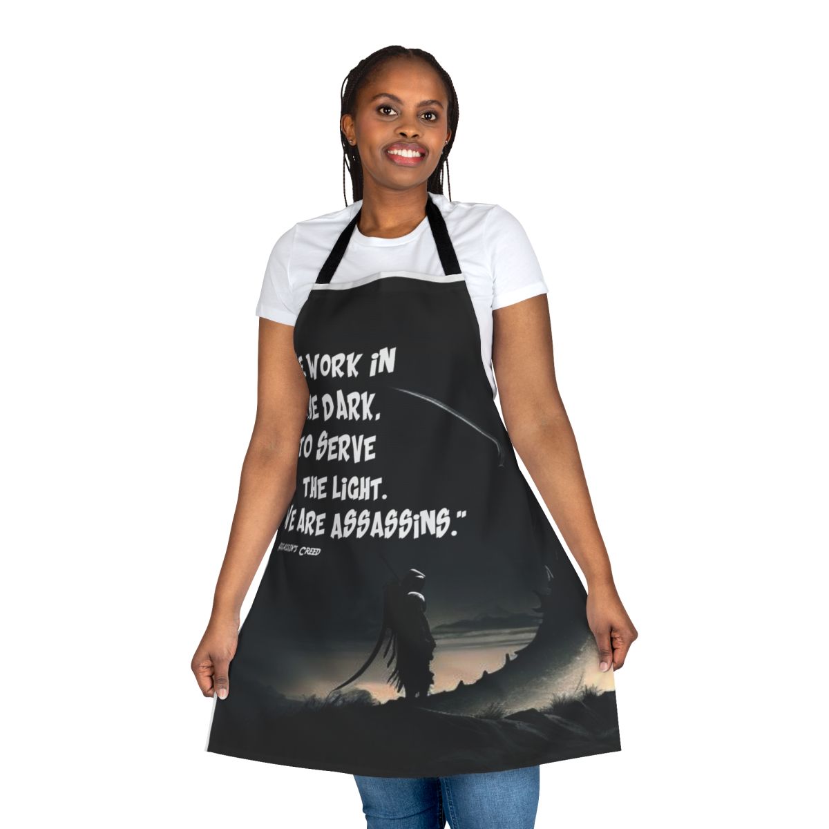 Assassins Creed inspired black and white kitchen apron with inspirational quote