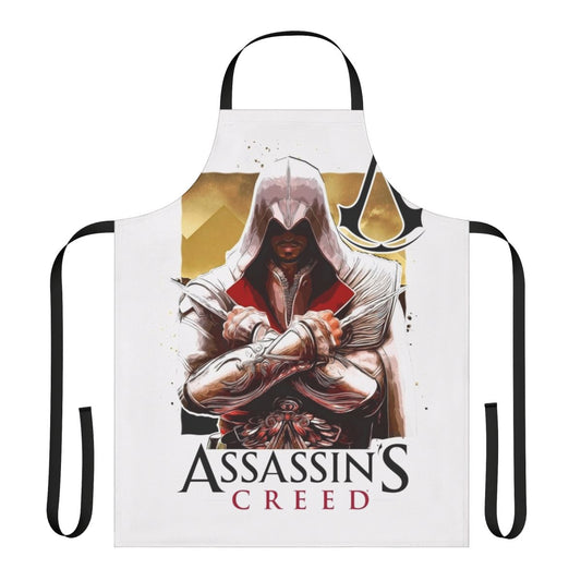 Assassin's Creed inspired apron featuring iconic game elements and symbols