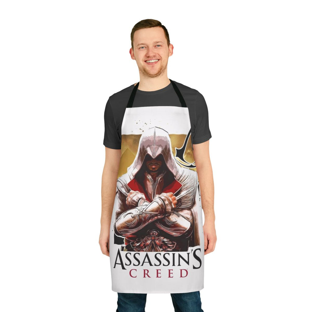 Assassin's Creed inspired apron featuring iconic game elements and symbols