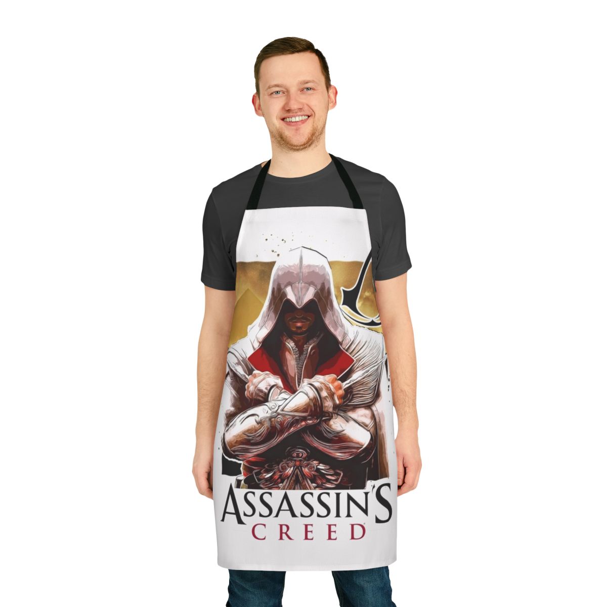 Assassin's Creed inspired apron featuring iconic game elements and symbols