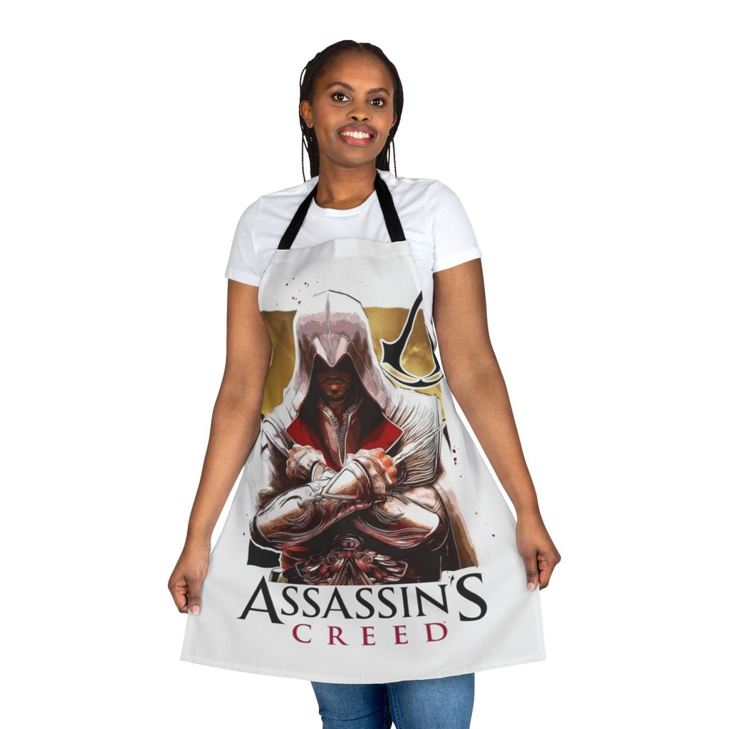 Assassin's Creed inspired apron featuring iconic game elements and symbols