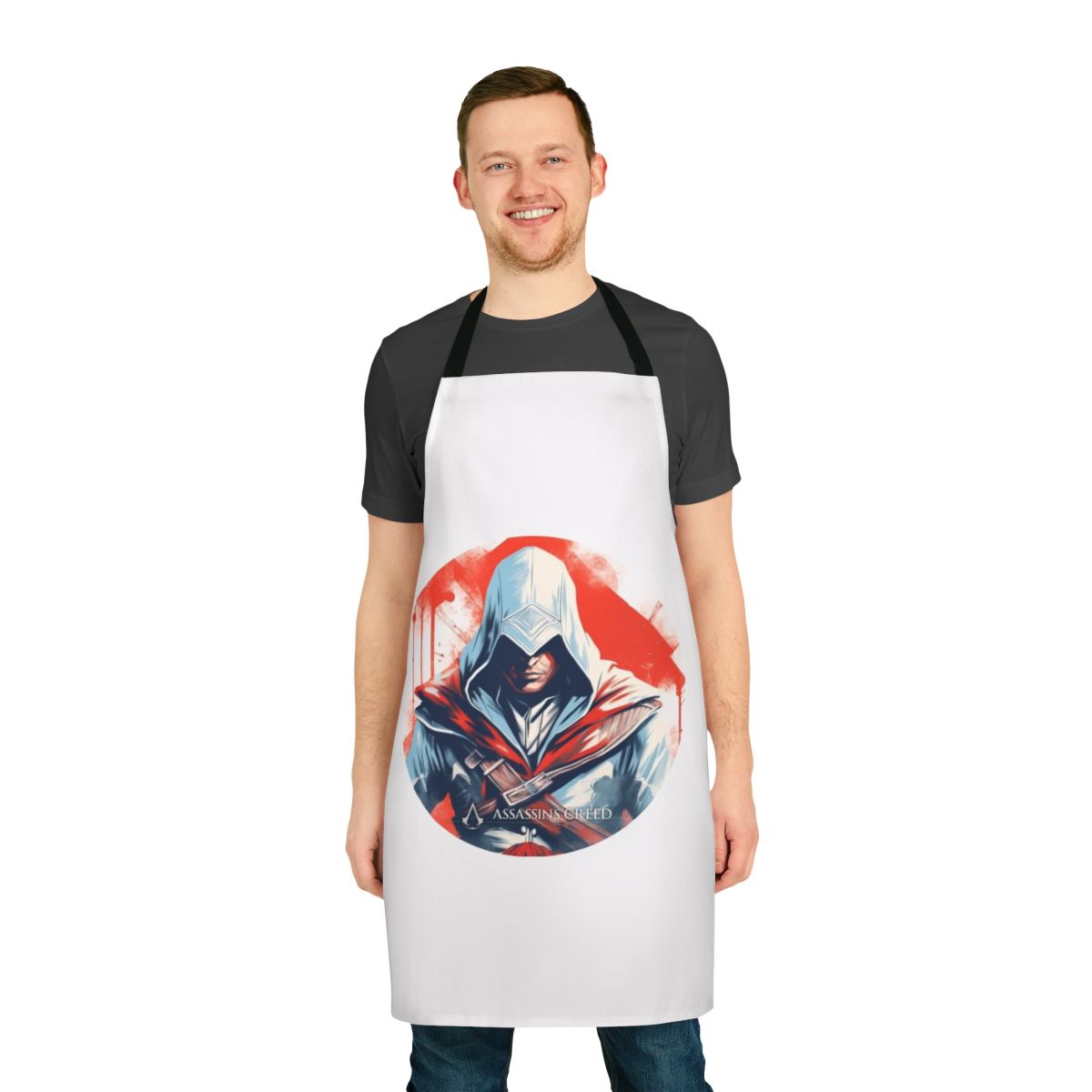 Assassins Creed inspired medieval fantasy artwork featured on a high-quality kitchen apron