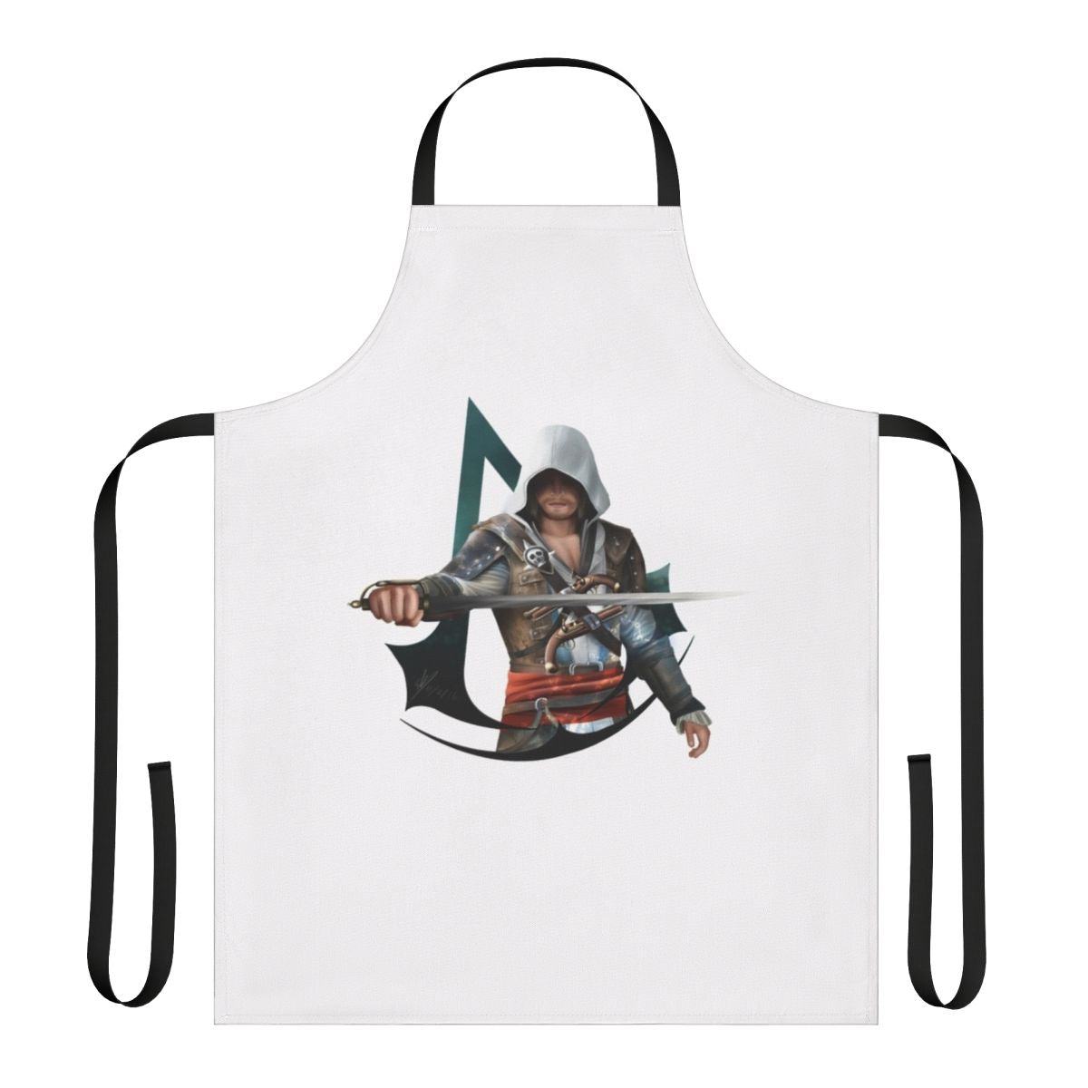An apron featuring the character Edward Kenway from the Assassin's Creed Black Flag video game.