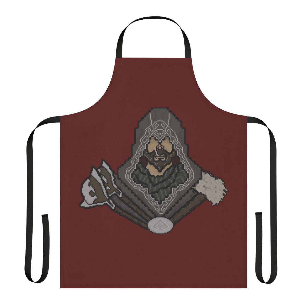 Pixel art design of Ezio Auditore from Assassin's Creed Revelations on a black kitchen apron