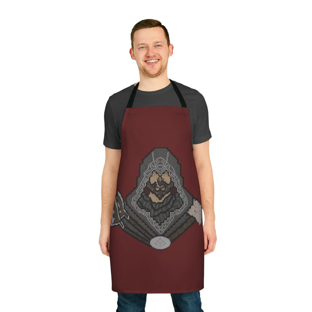 Pixel art design of Ezio Auditore from Assassin's Creed Revelations on a black kitchen apron