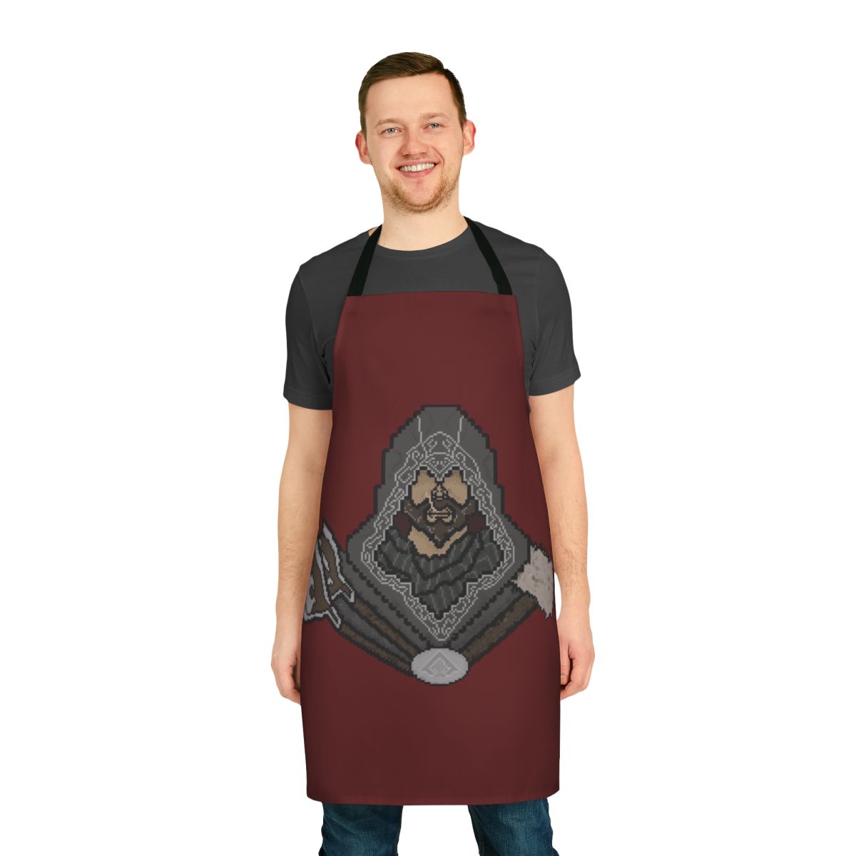 Pixel art design of Ezio Auditore from Assassin's Creed Revelations on a black kitchen apron