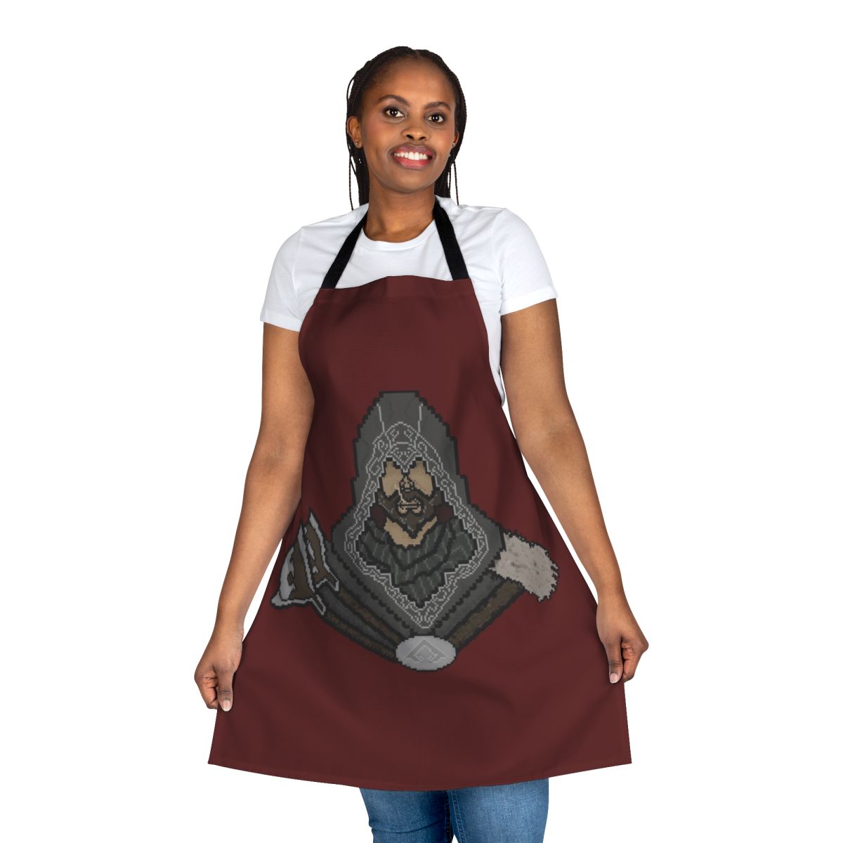 Pixel art design of Ezio Auditore from Assassin's Creed Revelations on a black kitchen apron