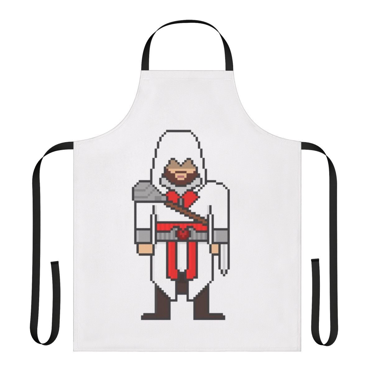 Assassin's Creed-inspired pixel art apron featuring the character Ezio Auditore