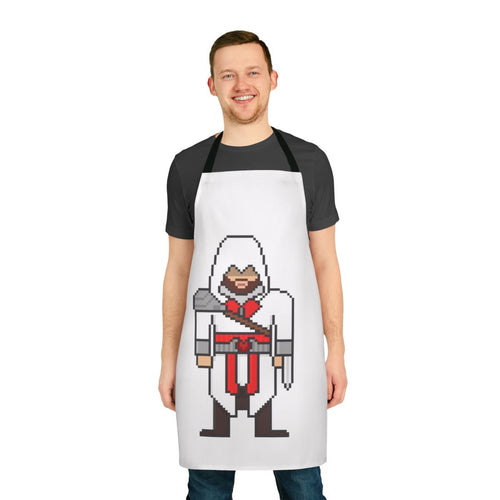 Assassin's Creed-inspired pixel art apron featuring the character Ezio Auditore