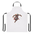 Assassins Creed-inspired sticker apron featuring symbols and artwork from the popular video game franchise