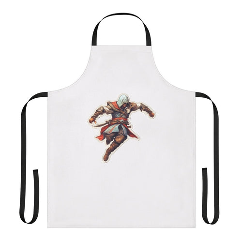 Assassins Creed-inspired sticker apron featuring symbols and artwork from the popular video game franchise