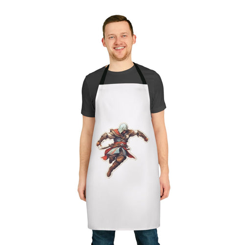 Assassins Creed-inspired sticker apron featuring symbols and artwork from the popular video game franchise