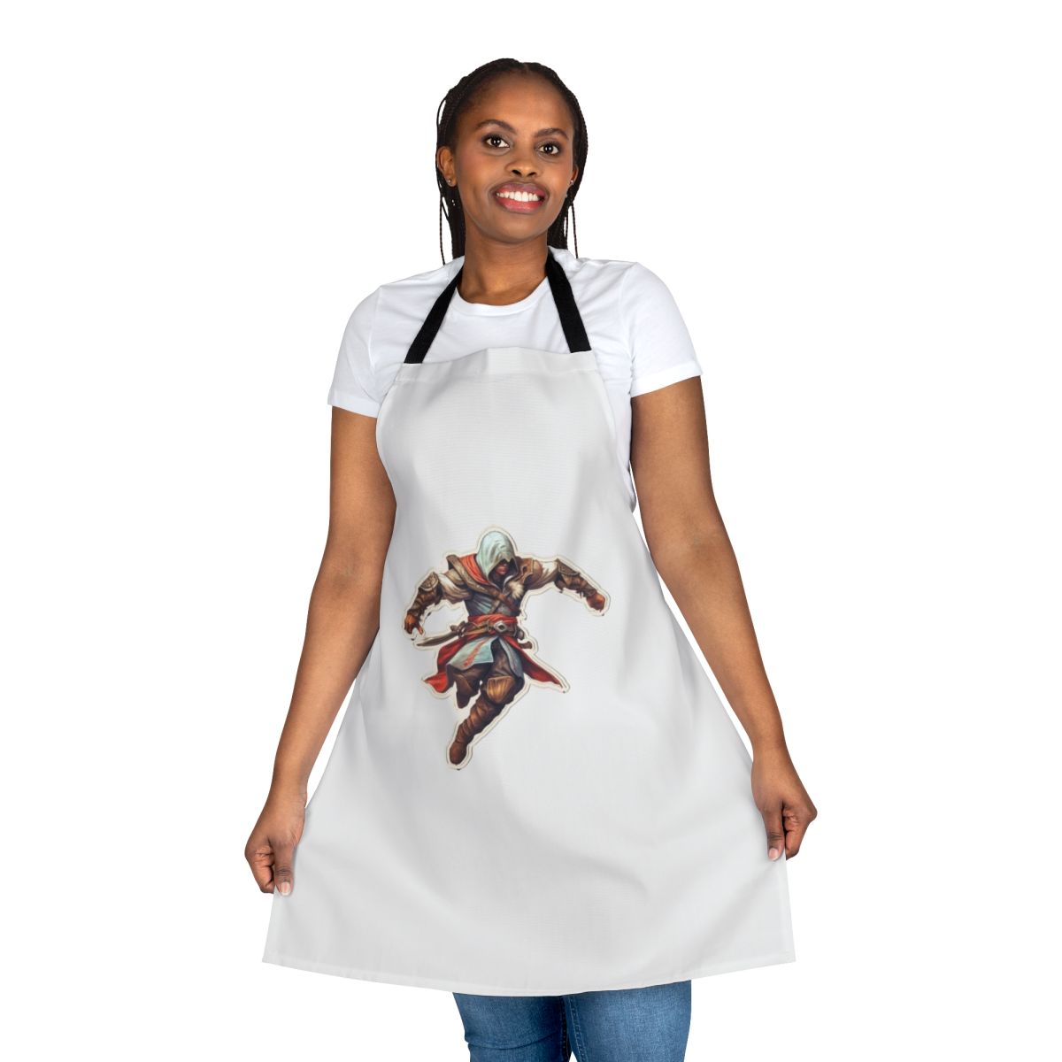 Assassins Creed-inspired sticker apron featuring symbols and artwork from the popular video game franchise