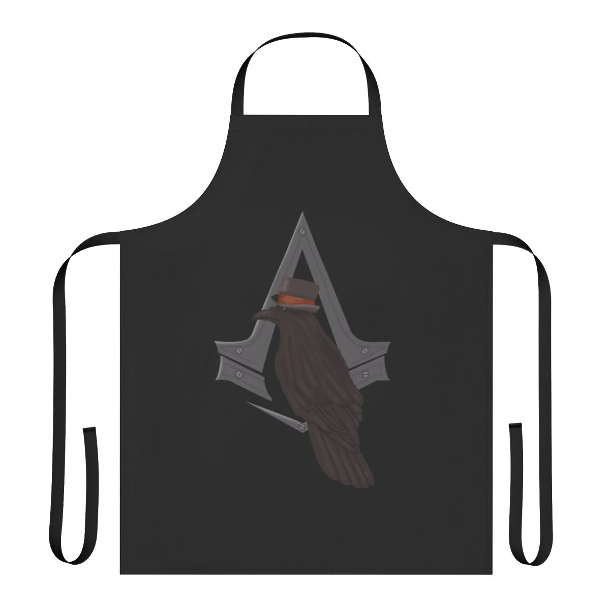 Assassin's Creed Syndicate-themed apron with the Rooks logo and silhouettes of Jacob and Evie Frye