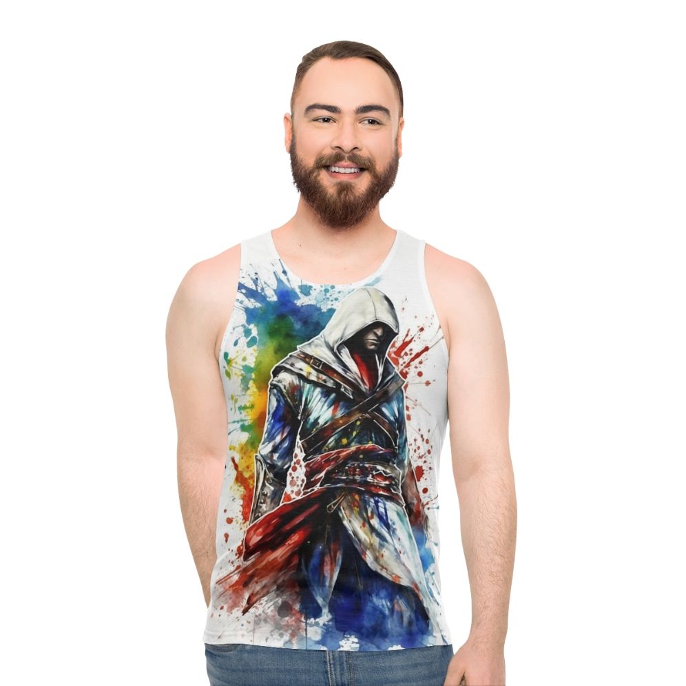 Assassin's Creed unisex tank top with a splatter sketch design