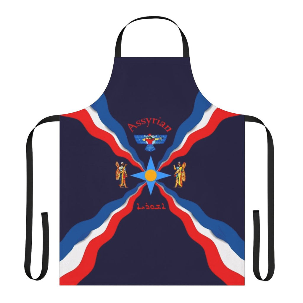 Assyrian cultural flag apron featuring blue, red, and white colors with star symbol