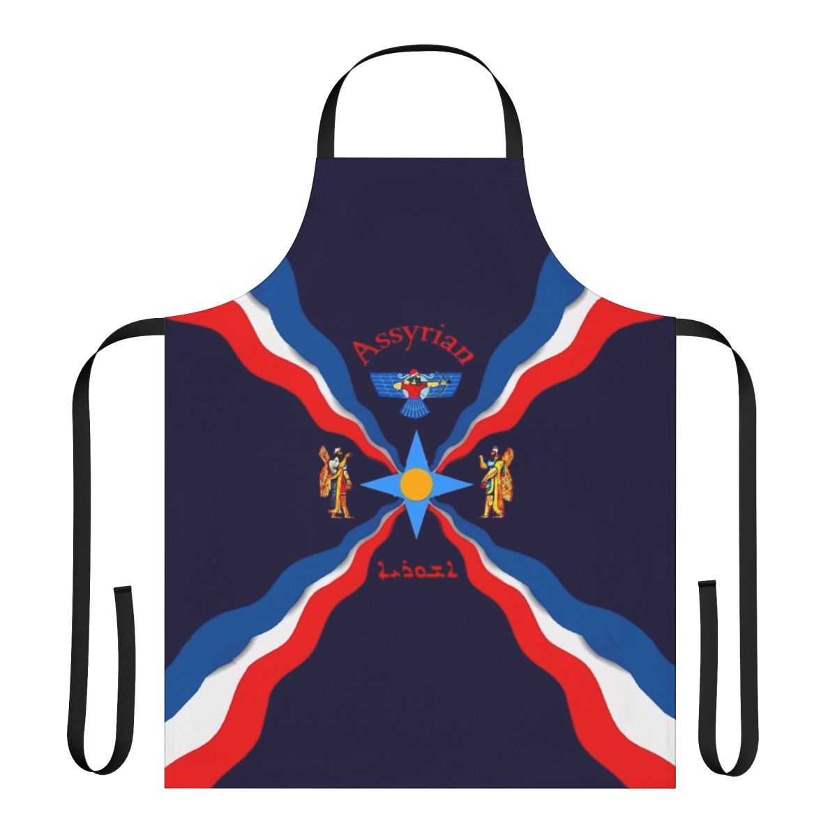 Assyrian cultural flag apron featuring blue, red, and white colors with star symbol