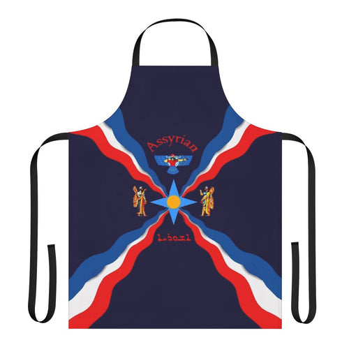 Assyrian cultural flag apron featuring blue, red, and white colors with star symbol