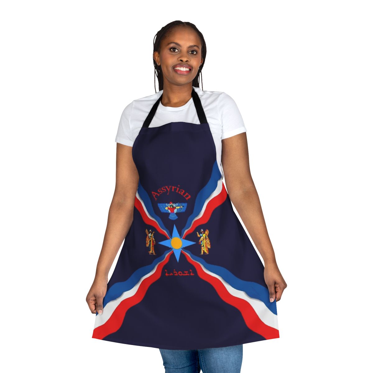 Assyrian cultural flag apron featuring blue, red, and white colors with star symbol